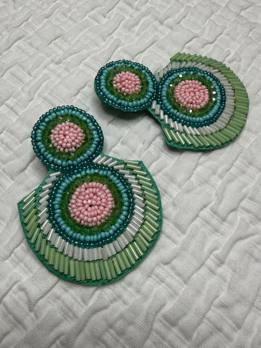 Turquoise, Green, Pink & Blue Round Beaded Statement Earrings EUC
